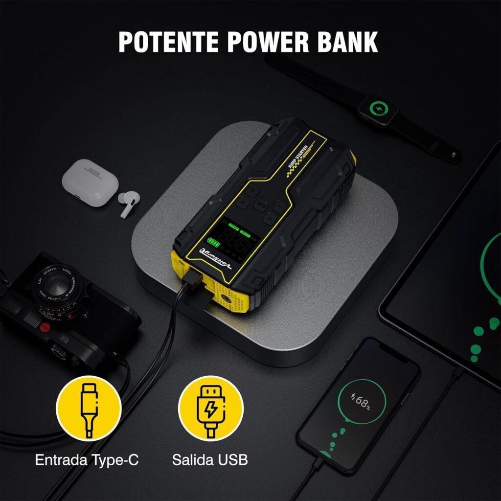 VoltSurge D03S funcionando como banco de energía portátil con entrada USB-C y salida USB