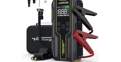 VoltSurge D03S, arrancador de batería de 5000A con compresor integrado y accesorios incluidos