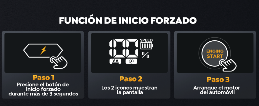 Guía para activar la función de inicio forzado del Yaberauto YA100: pulsar el botón durante 3 segundos, verificar los iconos en la pantalla y arrancar el motor de un vehículo con batería de bajo voltaje