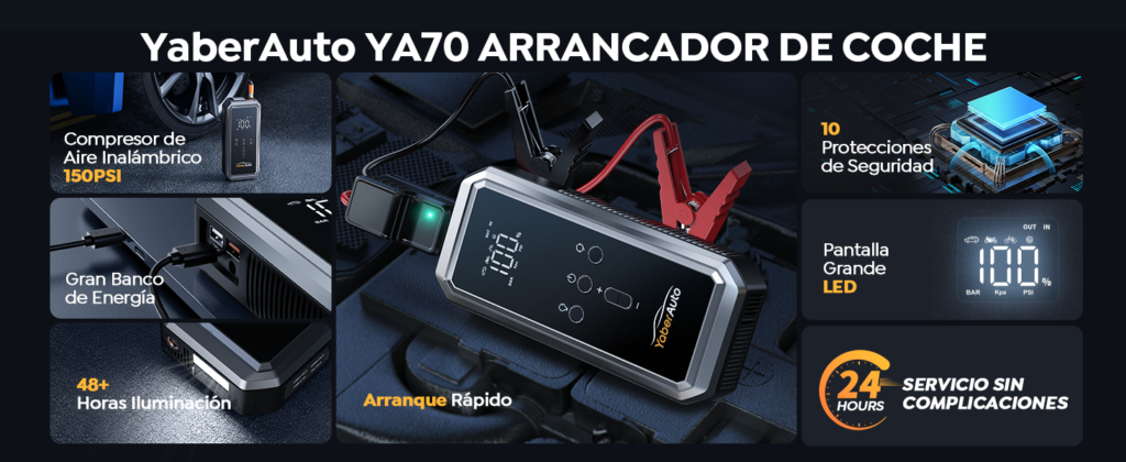 Funciones destacadas del Yaberauto YA70: compresor de aire de 150 PSI, pantalla LED y 10 protecciones de seguridad