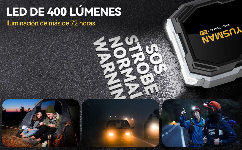 Yusman F02 6000A con linterna LED de 400 lúmenes iluminando un entorno oscuro, ideal para emergencias