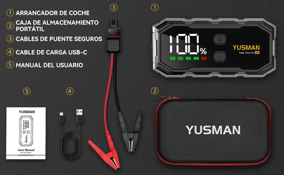 Caja del Yusman F02 6000A con todos los accesorios necesarios: arrancador, cables, cargador USB-C y manual