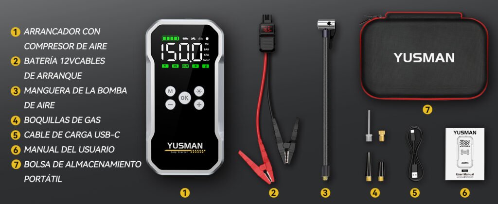 Accesorios incluidos con el YUSMAN F03: cables de arranque, manguera de aire, boquillas y bolsa de transporte