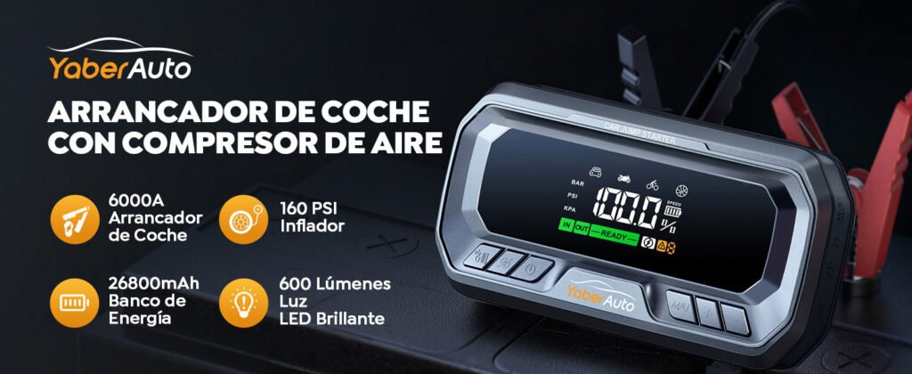 YaberAuto arrancador de coche con compresor de aire, banco de energía de 26800mAh, linterna LED de 600 lúmenes y 160 PSI para inflado rápido