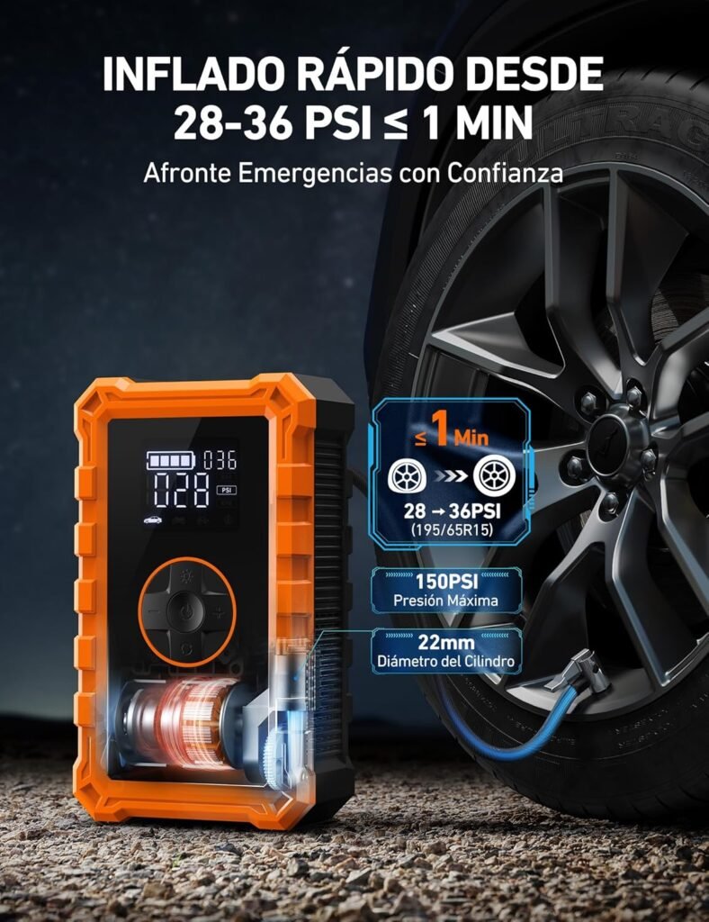 Arrancador AstroAI S8 Air mostrando su función de inflado rápido de neumáticos, alcanzando de 28 a 36 PSI en menos de un minuto.