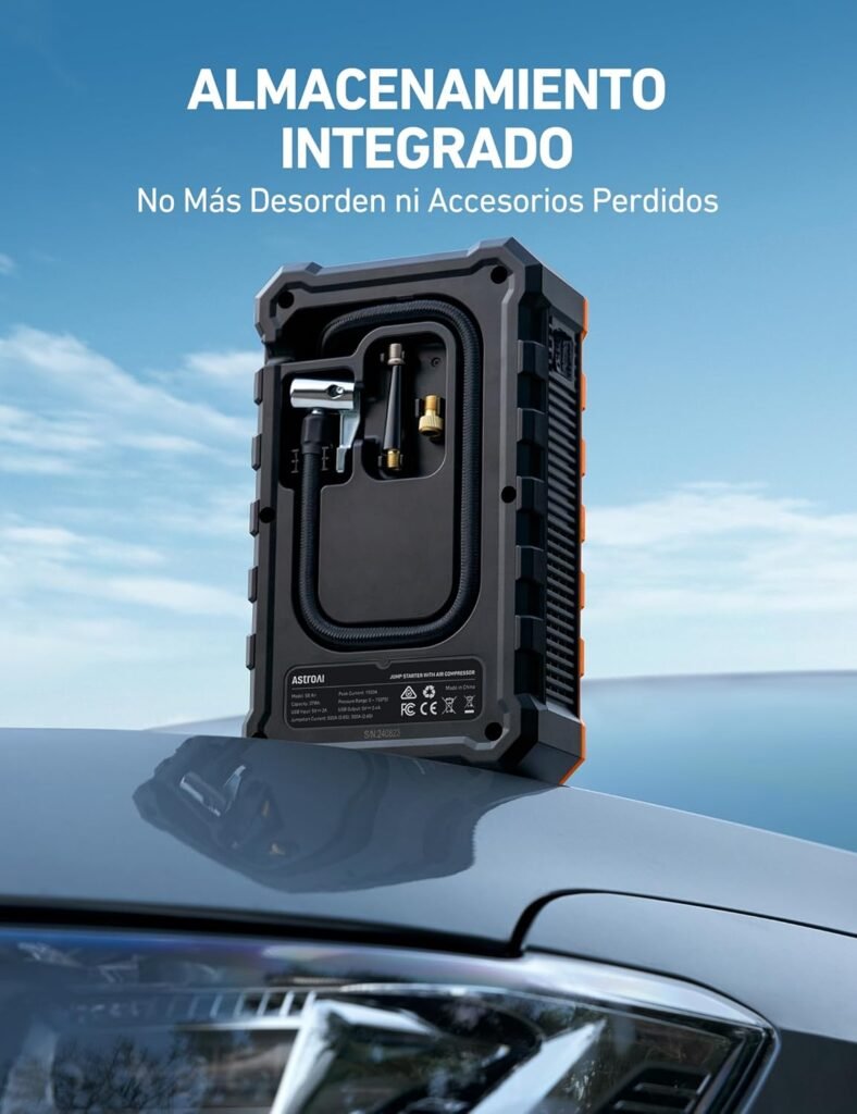 AstroAI S8 Air con almacenamiento integrado, organizando los accesorios como mangueras y boquillas para evitar pérdidas.