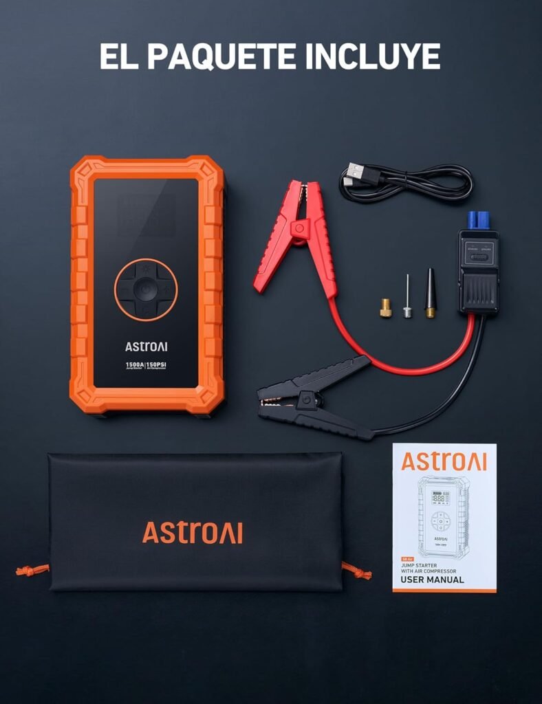 Contenido del paquete del AstroAI S8 Air: arrancador, cables de arranque inteligentes, manguera de inflado, adaptadores, bolsa de transporte y manual de usuario.