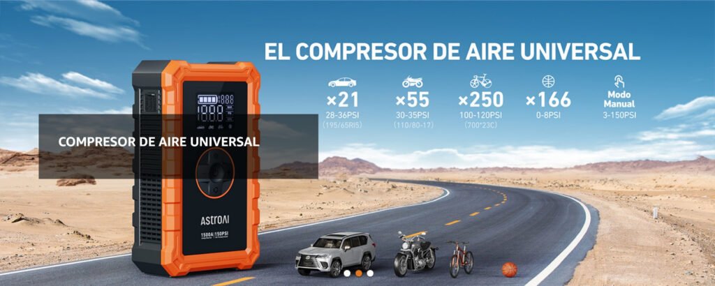 Compresor de aire AstroAI S8 Air inflando neumáticos con presión ajustable de 3 a 150 PSI, ideal para coches, bicicletas y otros inflables.