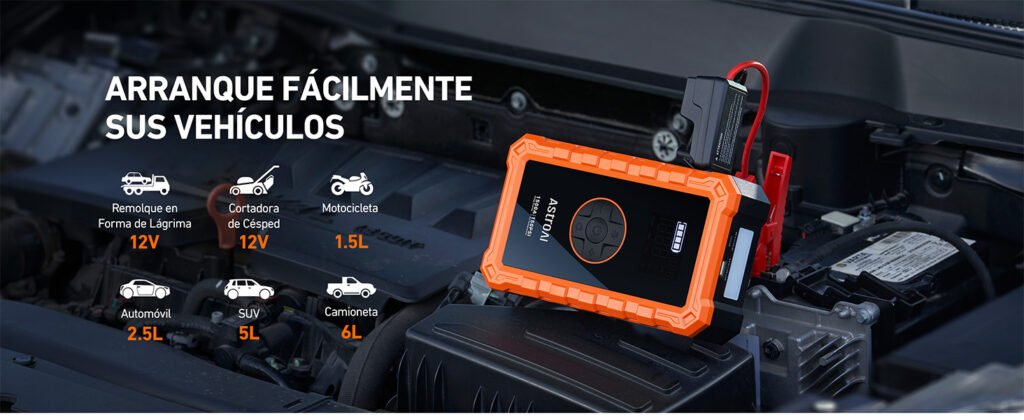 AstroAI S8 Air conectado a un coche, mostrando su capacidad de arranque para vehículos de hasta 6.0L en gasolina y 3.0L en diésel.