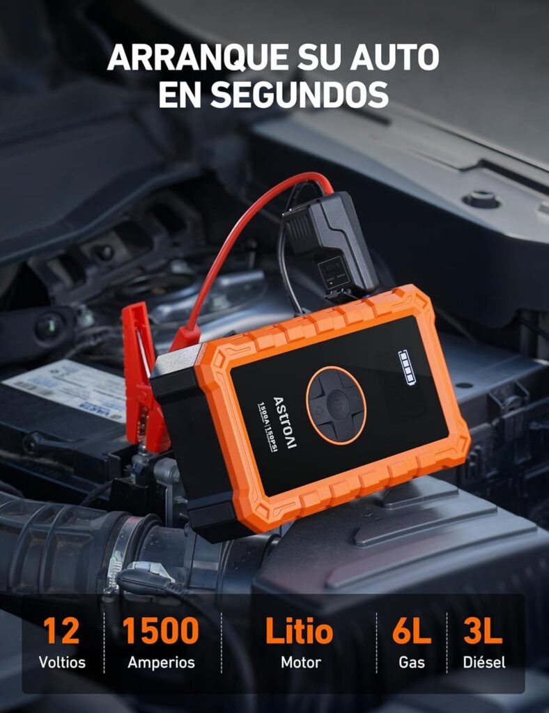 AstroAI S8 Air arrancando un vehículo en segundos, con 1500A de potencia para motores de hasta 6.0L en gasolina y 3.0L en diésel.