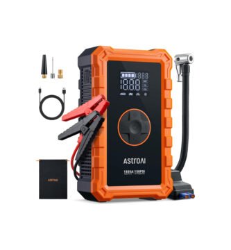 Arrancador de baterías con compresor de aire de 150 PSI, diseño compacto y pantalla digital.