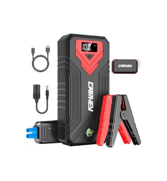 arrancador de baterías Carhev JS01 3000A con accesorios incluidos, como cables de arranque y bolsa de transporte