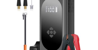 arrancador de baterías Giatero Q12, un dispositivo multifunción con compresor de aire integrado y pantalla LED