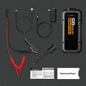 Kit completo del HULKMAN Alpha 85S, incluyendo cables de arranque, adaptadores de carga y manual de instrucciones