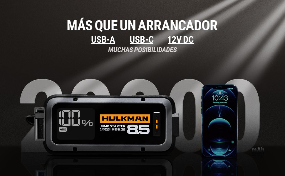 Batería de 20,000mAh del HULKMAN Alpha 85S con puertos USB-A, USB-C y 12V DC, ideal para cargar múltiples dispositivos