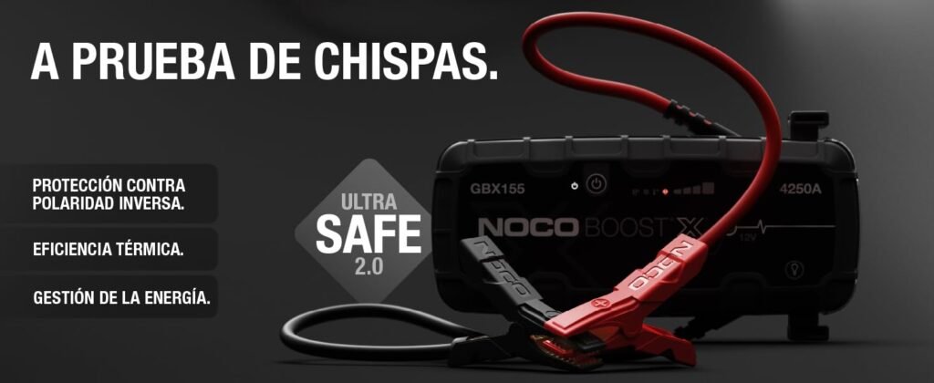 NOCO Boost X GBX155 resaltando su tecnología UltraSafe 2.0 con protección contra polaridad inversa, eficiencia térmica y gestión de energía