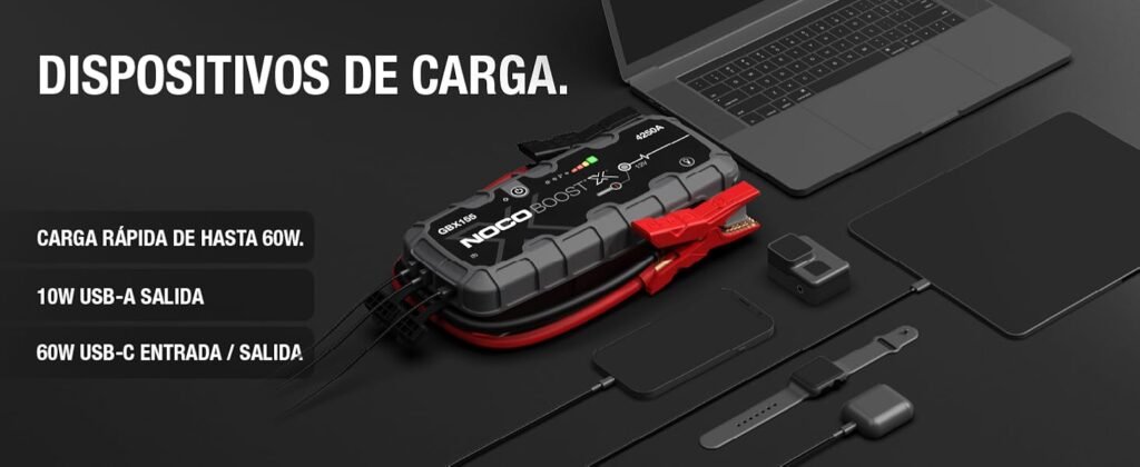 NOCO Boost X GBX155 funcionando como banco de energía con carga rápida de hasta 60W, compatible con USB-A y USB-C