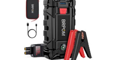 Arrancador de batería BRPOM BM200 con pinzas inteligentes, cable USB y funda de transporte