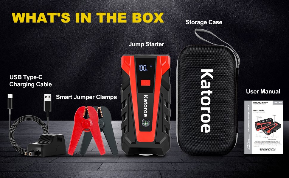 Imagen con el contenido del paquete del Katoroe 4000A, incluyendo el arrancador de batería, pinzas inteligentes, cable USB tipo C, estuche de almacenamiento y manual de usuario.