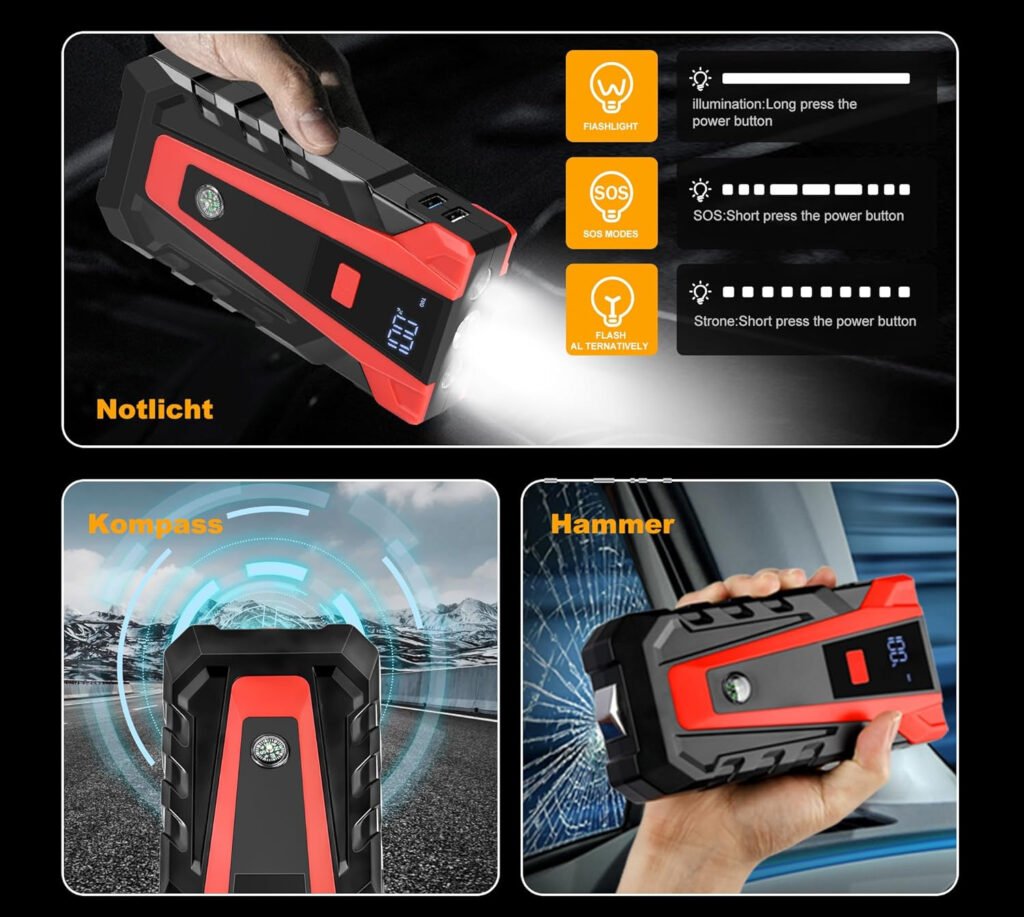 Imagen en alemán destacando las funciones de emergencia del Katoroe 4000A: linterna LED, brújula y martillo de escape.