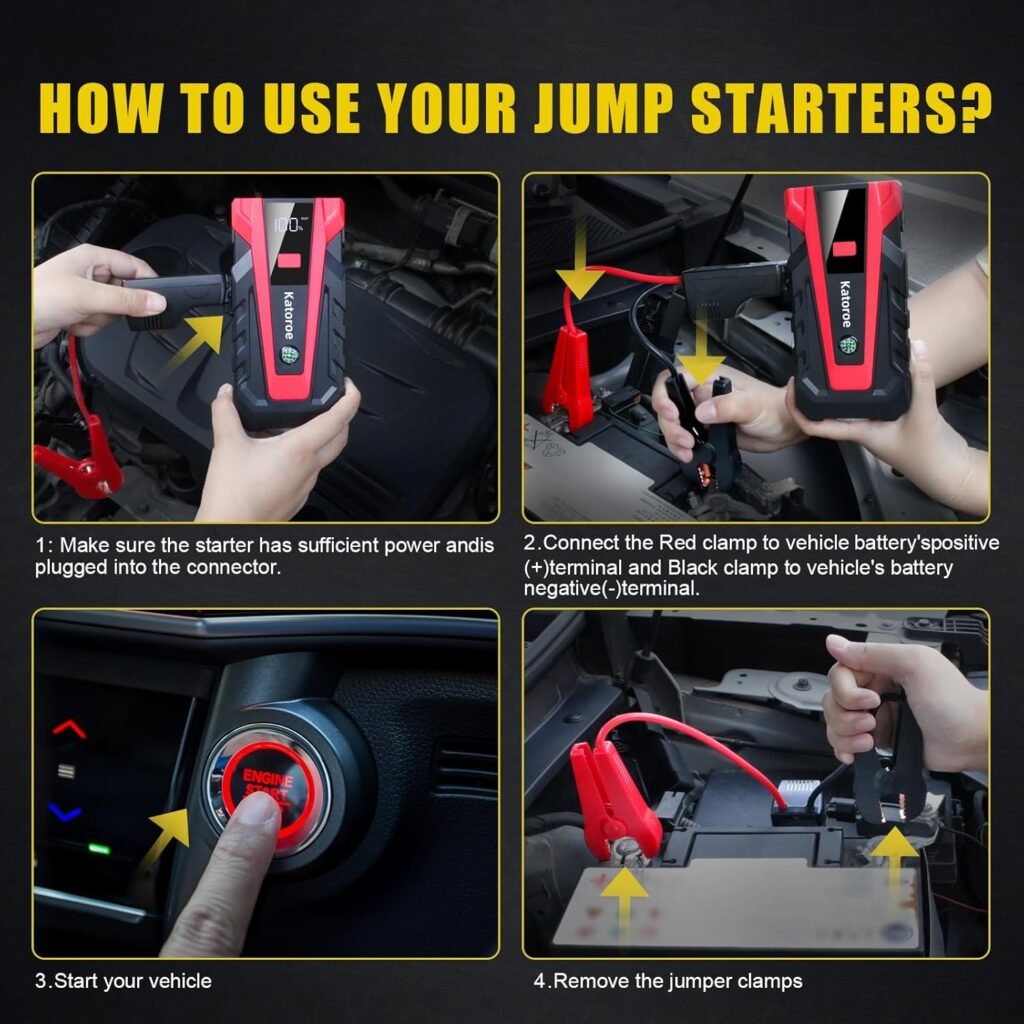 Imagen instructiva sobre cómo usar el arrancador Katoroe 4000A, mostrando los pasos para conectar las pinzas, encender el dispositivo, arrancar el vehículo y desconectarlo.