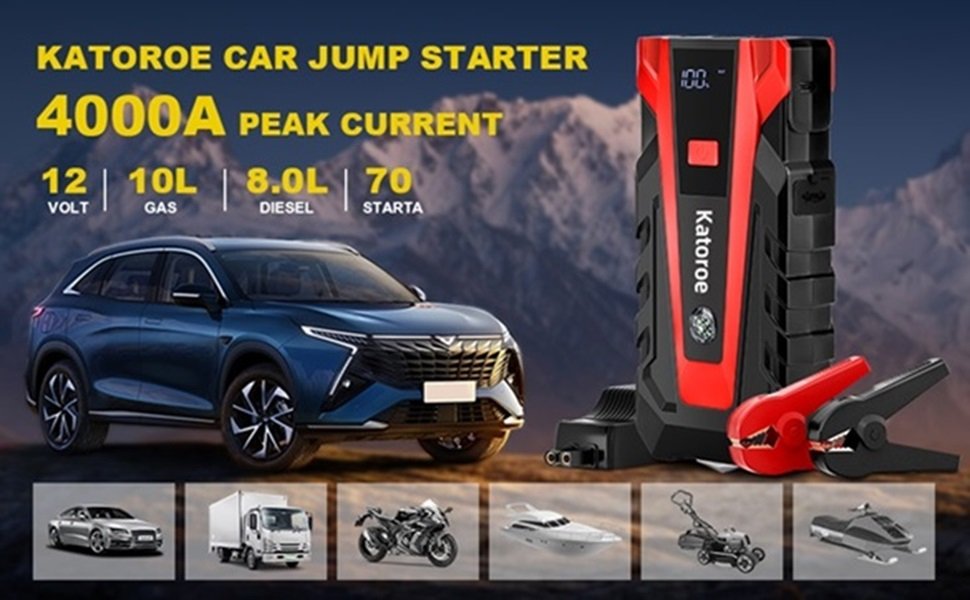 Imagen publicitaria del arrancador de batería Katoroe 4000A, mostrando un automóvil de fondo y destacando características como 12V, 4000A de corriente pico, compatibilidad con motores de gasolina de hasta 10L y diésel de hasta 8L.