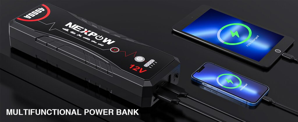 Batería externa multifuncional NEXPOW Q11 con puertos USB de carga rápida para dispositivos electrónicos y linterna LED integrada.