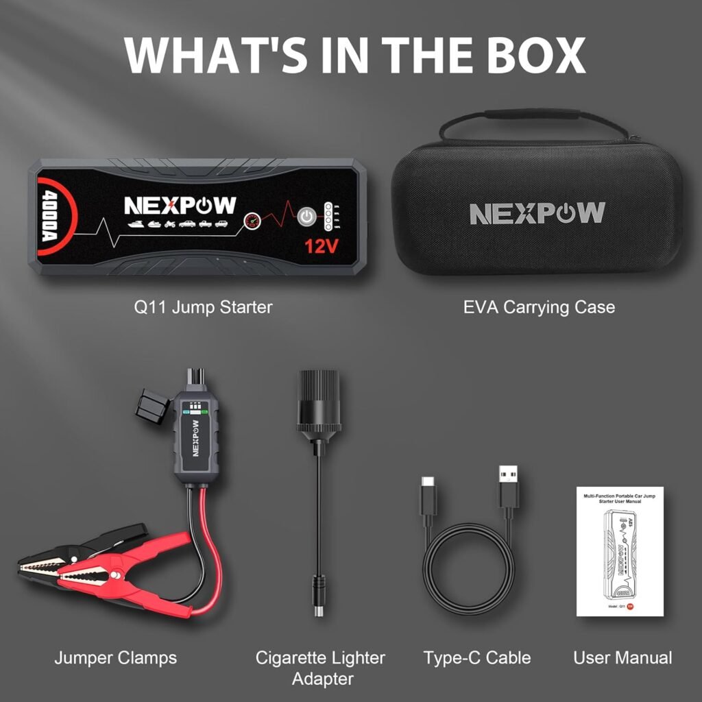 Contenido de la caja del NEXPOW Q11: arrancador de batería, pinzas inteligentes, adaptador para mechero, cable USB-C y manual de usuario.