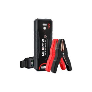 Arrancador de batería NEXPOW Q11 4000A con pinzas de arranque y puerto USB, ideal para coches, motos y camiones.