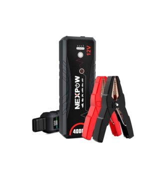 Arrancador de batería NEXPOW Q11 4000A con pinzas de arranque y puerto USB, ideal para coches, motos y camiones.