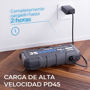 TOPDON JS3000 cargándose a alta velocidad con tecnología PD45W, alcanzando carga completa en solo 2 horas