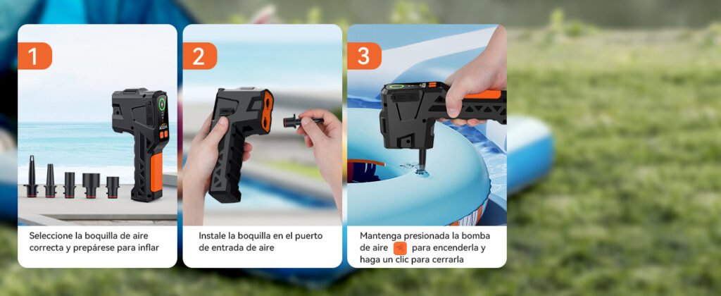 Paso a paso para inflar un flotador con el ACEZUK M04: seleccionar boquilla, conectarla y activar la bomba