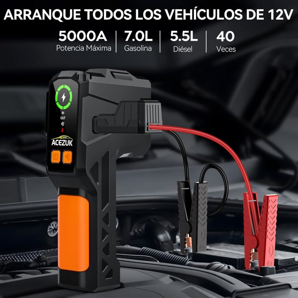 ACEZUK M04 arrancando un coche, muestra cables conectados a la batería y pantalla con indicadores