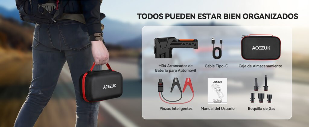Contenido del paquete del ACEZUK M04: arrancador, funda, pinzas, manual, cable USB-C y boquillas de aire