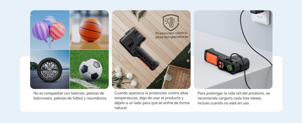 ACEZUK M04 no compatible con balones, pelotas ni neumáticos; incluye advertencias de uso y consejos de mantenimiento