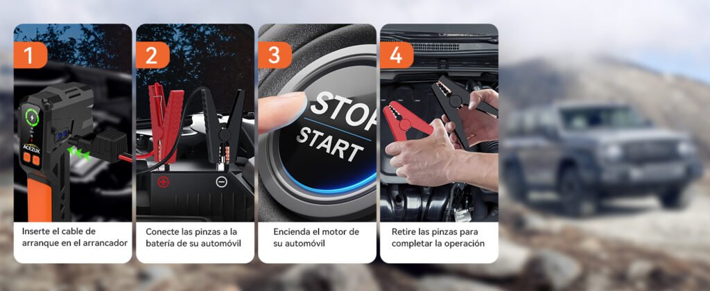 Pasos para arrancar un coche con el ACEZUK M04: conectar cable, pinzas, encender el coche y retirar las pinzas