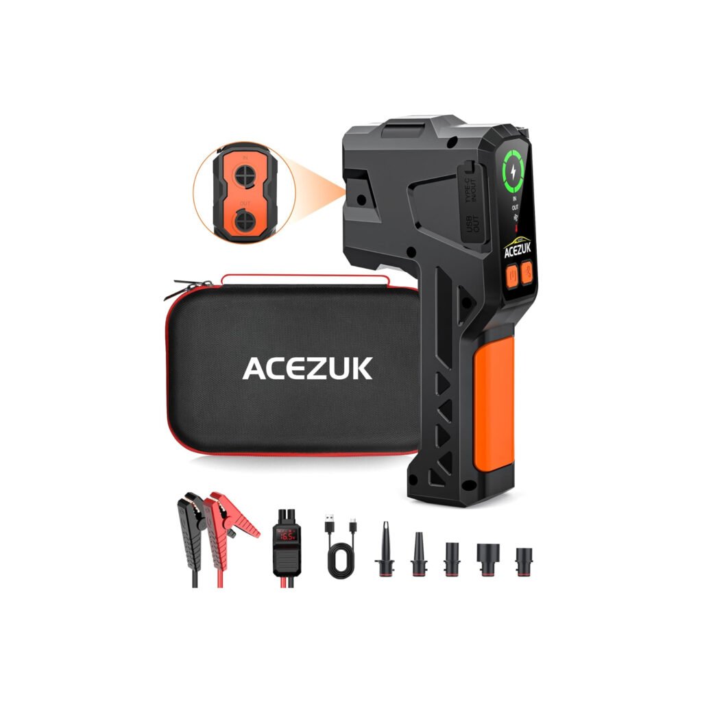 Arrancador ACEZUK M04 con empuñadura, funda rígida, pinzas inteligentes, cable USB-C y boquillas de inflado