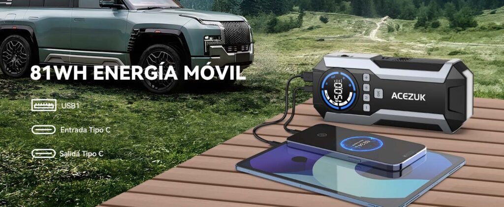 Acezuk M05 funcionando como powerbank, cargando smartphone y tablet al aire libre con conectores USB y USB-C