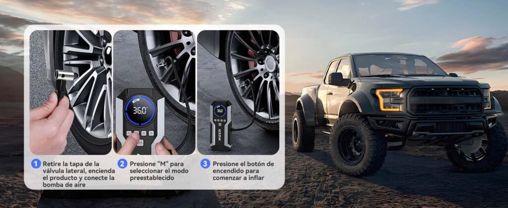 Guía paso a paso para inflar neumáticos con el compresor digital del Acezuk M05: conexión, selección y encendido