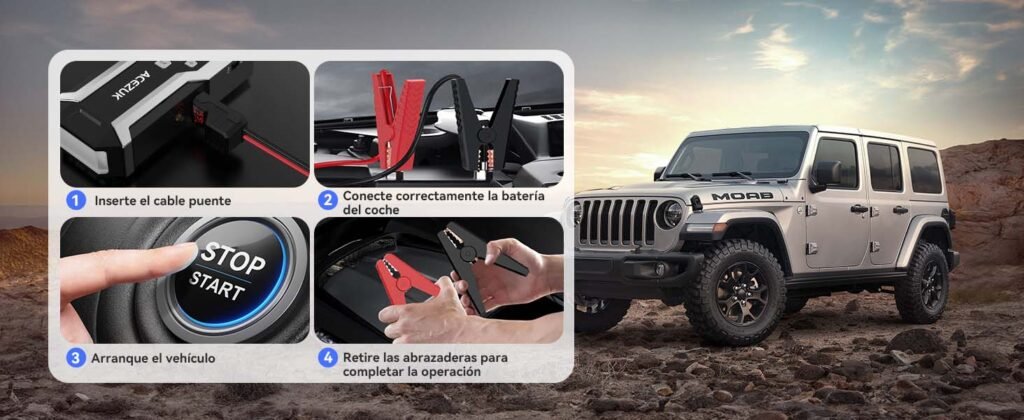 Guía visual de cómo arrancar un vehículo con el Acezuk M05 paso a paso: conexión, arranque y retirada segura
