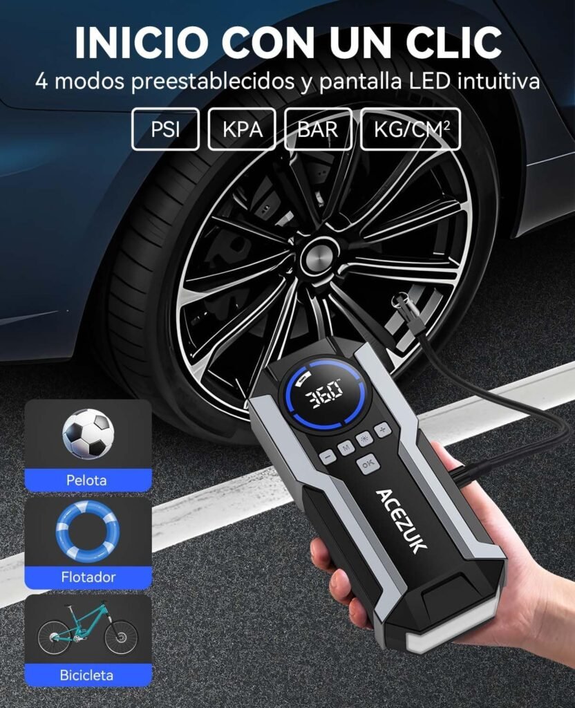 “Acezuk M05 mostrando su pantalla digital con modos preestablecidos para inflado en PSI, KPA, BAR y KG/CM², ideal para pelotas, flotadores y bicicletas