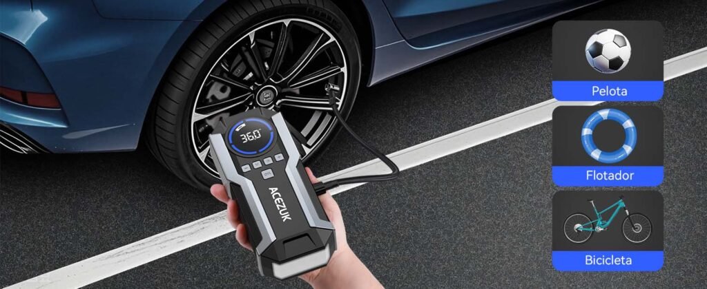 Acezuk M05 inflando un neumático de coche y compatible con pelotas, flotadores y bicicletas.