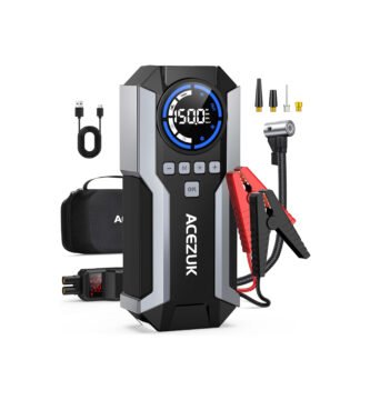 Arrancador de coche Acezuk M05 con compresor de aire, cables de arranque, boquillas de inflado y accesorios incluidos
