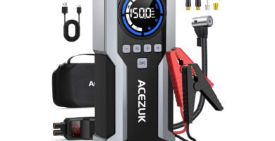 Arrancador de coche Acezuk M05 con compresor de aire, cables de arranque, boquillas de inflado y accesorios incluidos