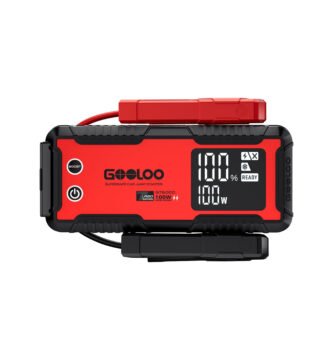 Vista frontal del arrancador de batería GOOLOO GT6000 con pantalla LED, botón BOOST y diseño robusto en rojo y negro