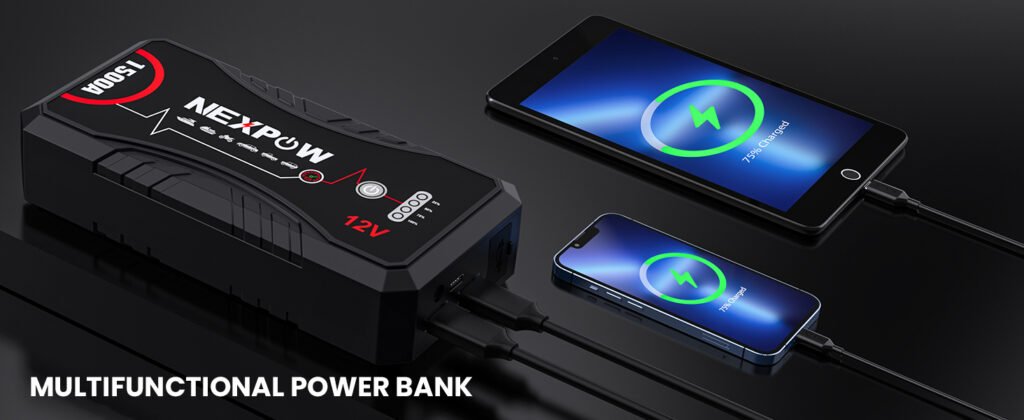 El NEXPOW Q10S usado como powerbank para cargar dos dispositivos móviles simultáneamente