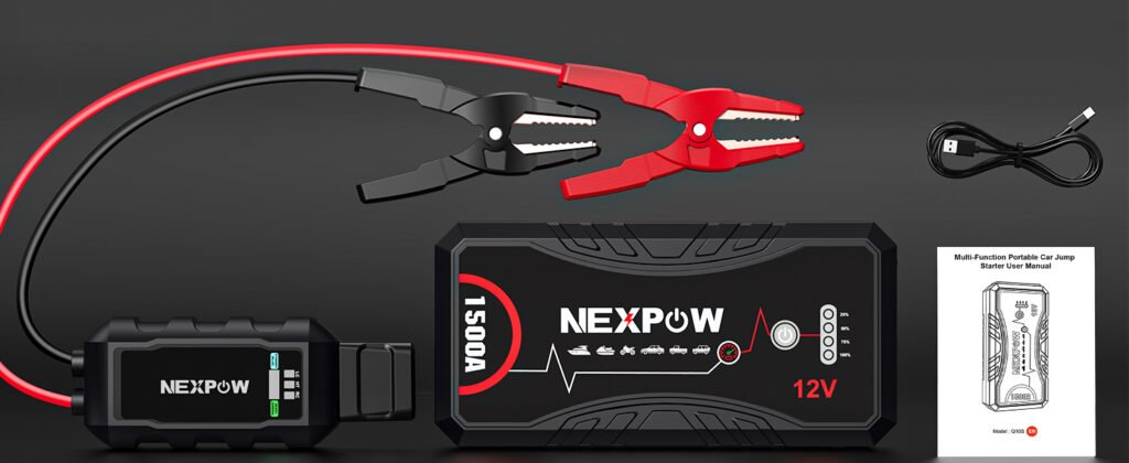 Contenido del NEXPOW Q10S: arrancador, pinzas, cable USB-C y manual de instrucciones