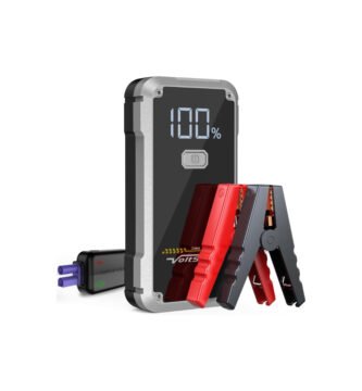 Vista principal del arrancador de coche VoltSurge D056 con pinzas inteligentes y pantalla digital del 100% de carga