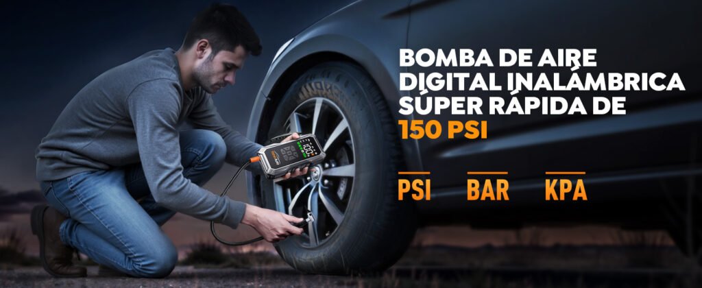 Usuario inflando un neumático con el YaberAuto AP01, que ofrece una presión de hasta 150 PSI y función de inflado rápido