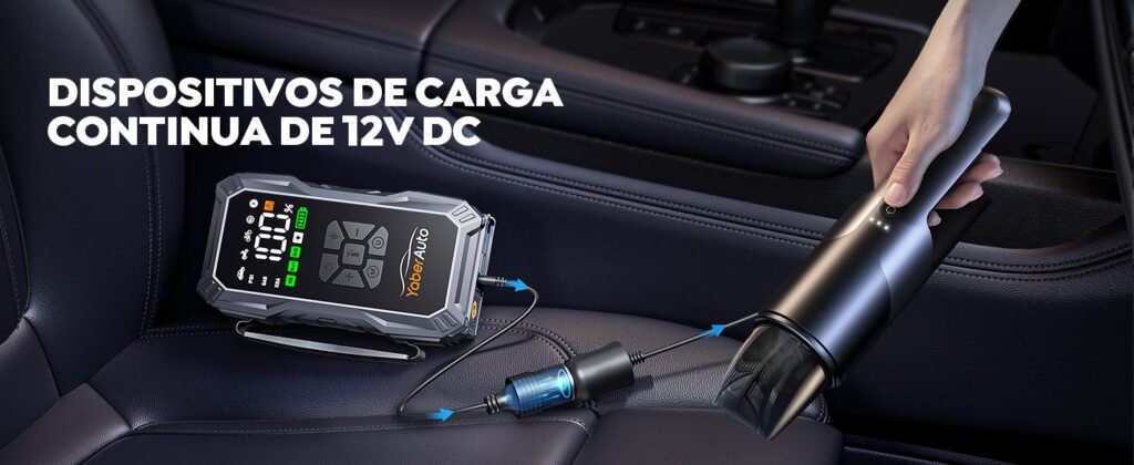 El arrancador YaberAuto AP01 permite alimentar dispositivos como aspiradoras portátiles mediante su salida de 12V DC